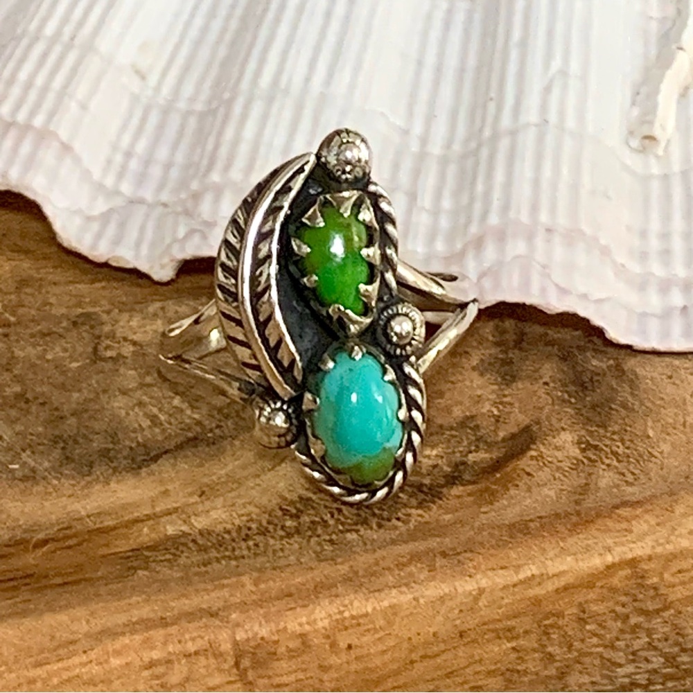 Green Mohave & Blue Turquoise Southwestern Sterling Silver Ring